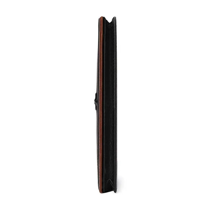 Side profile of MING CLAN Men's Long Bifold Wallet showing ultra-thin 1cm breast pocket design