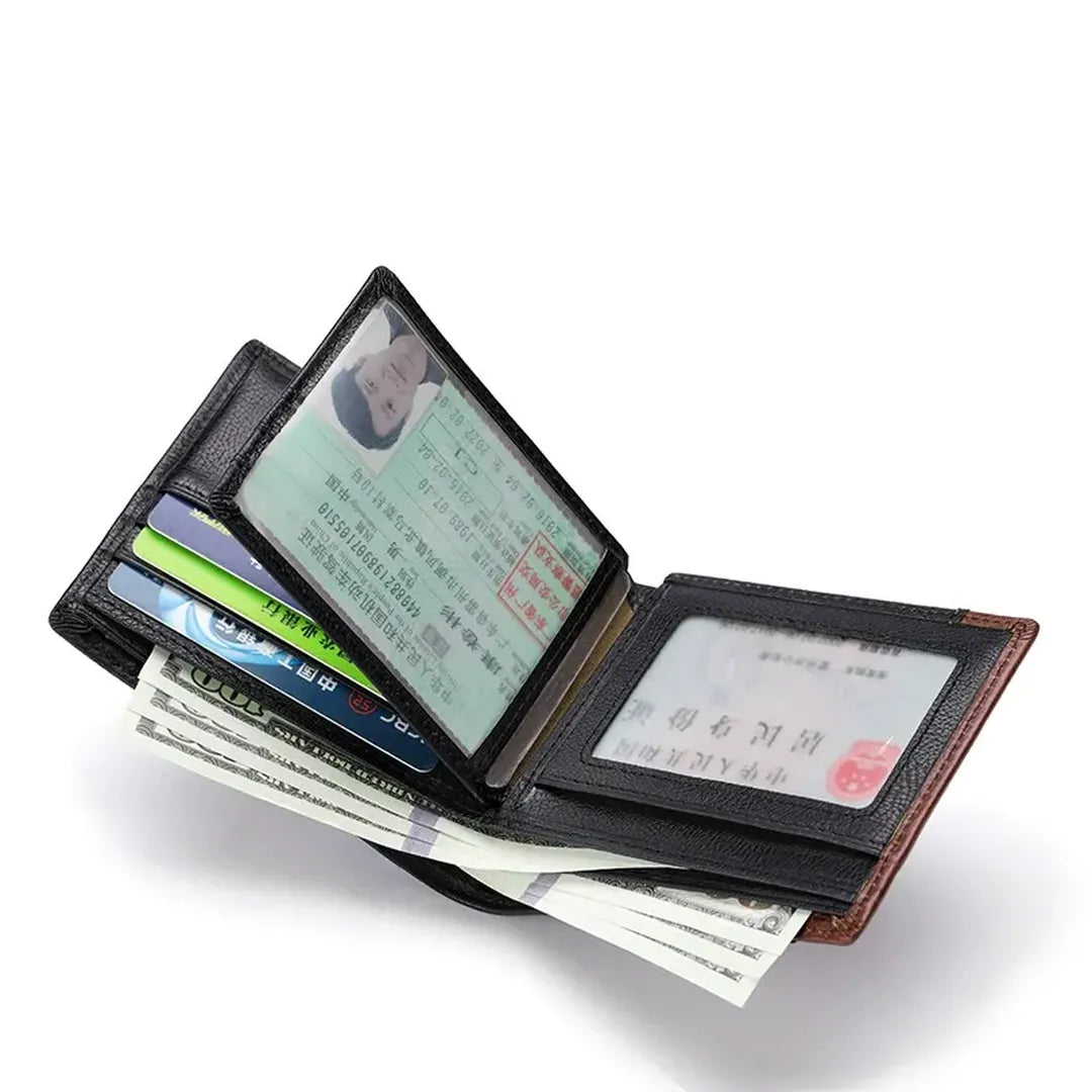 Open MING CLAN Men's Short Bifold Wallet showing multi-card holder and ID window capacity