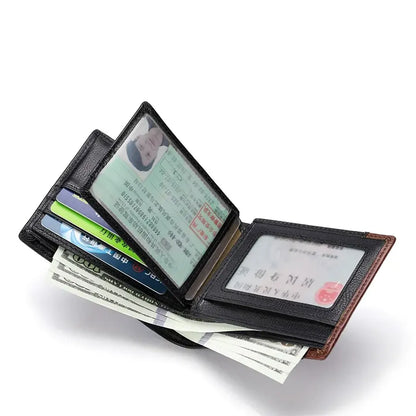 Open MING CLAN Men's Short Bifold Wallet showing multi-card holder and ID window capacity