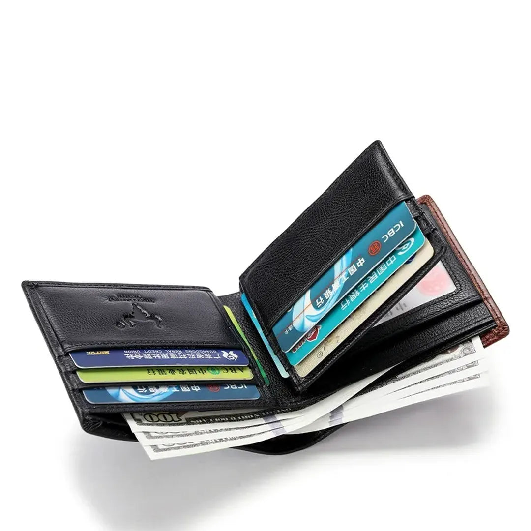 Interior layout of MING CLAN Men's Short Bifold Leather Wallet with card slots and bill compartment