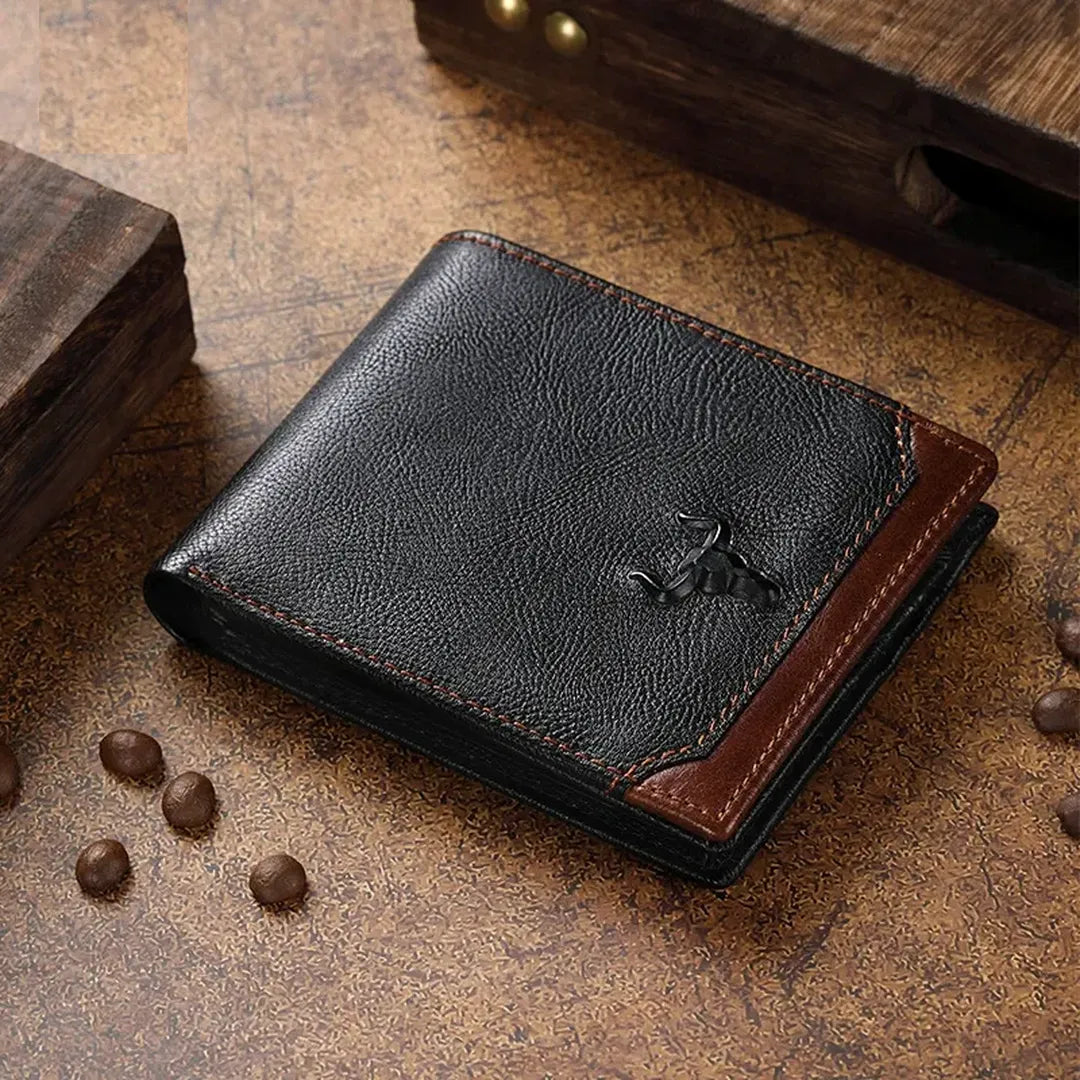 MING CLAN Men's Two-Tone Leather Short Bifold Wallet displayed on a rustic wooden surface