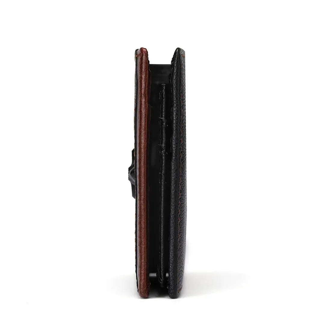 Side profile of MING CLAN Men's Short Bifold Wallet showing 1cm slim compact design