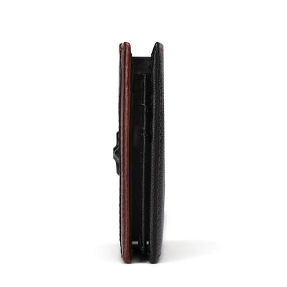 Side profile of MING CLAN Men's Short Bifold Wallet showing 1cm slim compact design