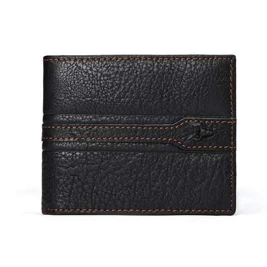MING CLAN Men's Vintage Full Grain Leather Bifold Wallet with contrast stitching
