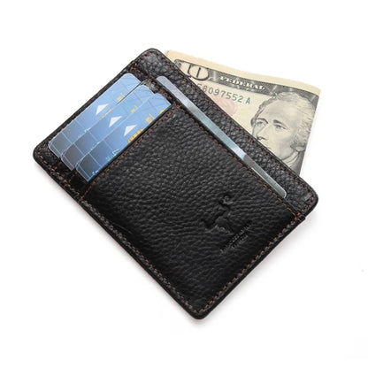 MING CLAN black top-grain leather ultra-slim card holder, loaded with credit cards and cash, perfect for modern everyday carry.