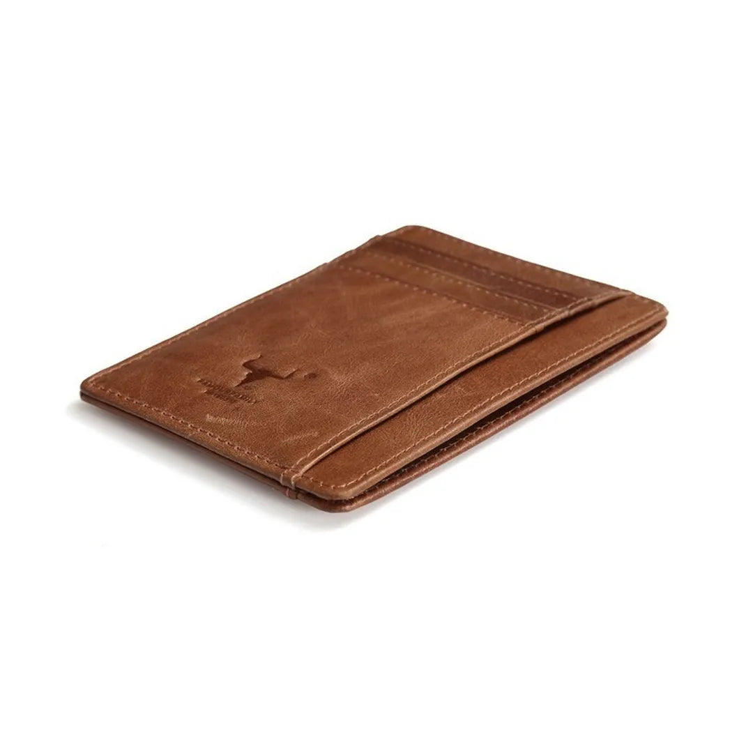 MING CLAN vintage brown leather front pocket wallet lying flat, showcasing the ultra-thin 0.08'' profile and neat stitching.