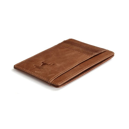 MING CLAN vintage brown leather front pocket wallet lying flat, showcasing the ultra-thin 0.08'' profile and neat stitching.