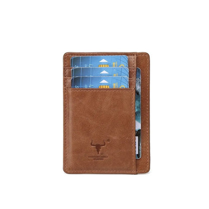 MING CLAN brown ultra-slim leather card sleeve - Front view displaying credit cards in quick-access slots and embossed bull logo.