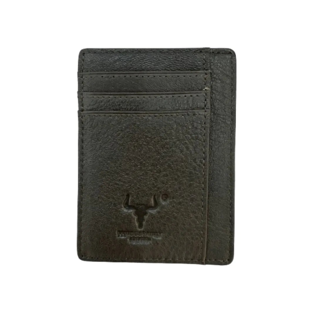 MING CLAN coffee dark brown pebbled leather minimalist card holder - Front view highlighting the genuine leather texture and slim design.
