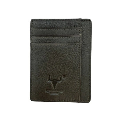 MING CLAN coffee dark brown pebbled leather minimalist card holder - Front view highlighting the genuine leather texture and slim design.