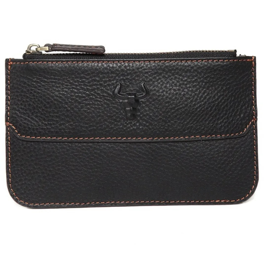 MING CLAN Minimalist Top Grain Leather Zipper Card Holder - Front view in Black