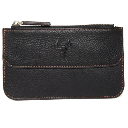 MING CLAN Minimalist Top Grain Leather Zipper Card Holder - Front view in Black