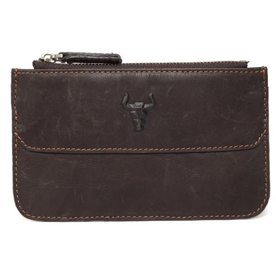 MING CLAN Minimalist Top Grain Leather Zipper Card Holder - Front view in Coffee