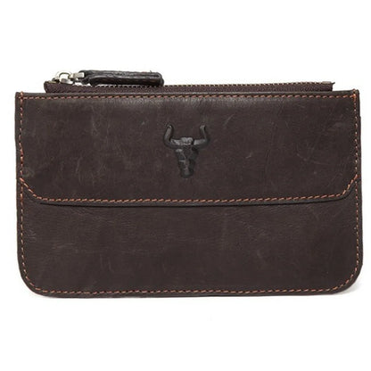 MING CLAN Minimalist Top Grain Leather Zipper Card Holder - Front view in Coffee