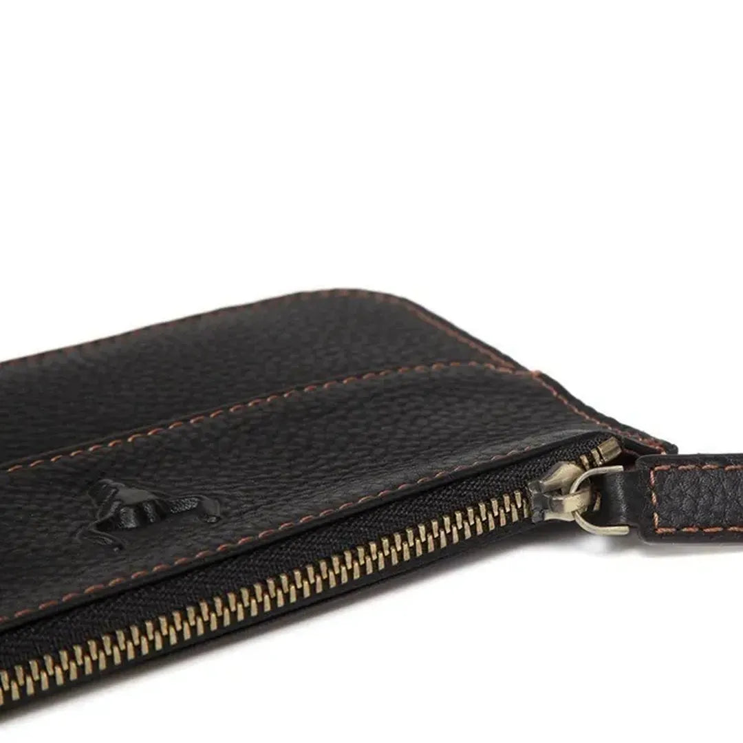 Close-up of the premium zipper hardware and wear-resistant top grain leather texture