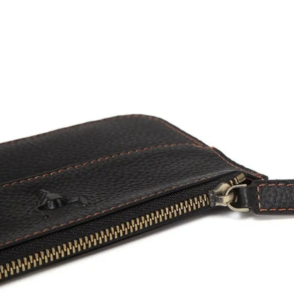 Close-up of the premium zipper hardware and wear-resistant top grain leather texture