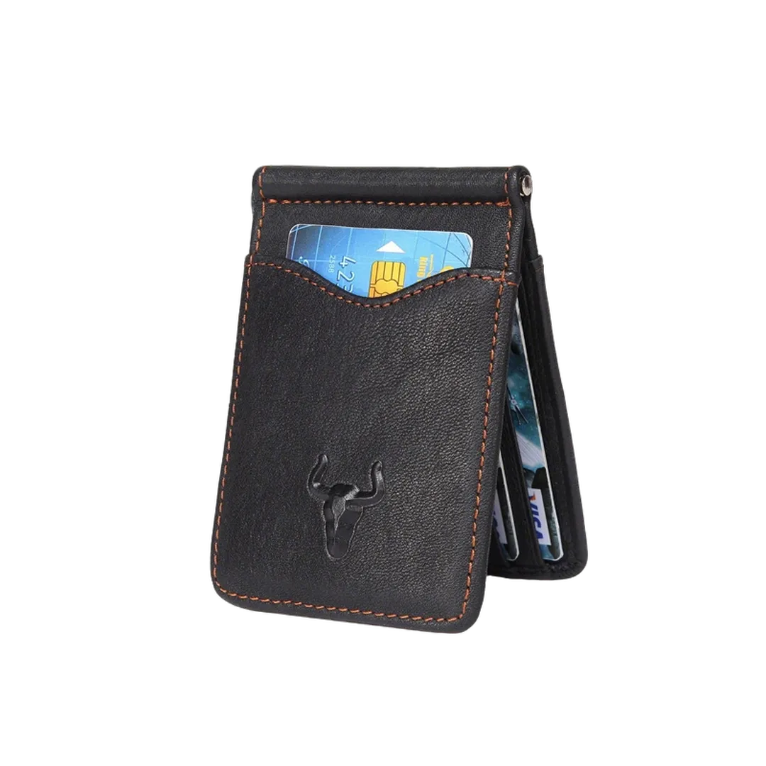 Mingclan classic black genuine leather card bag filled with credit cards, highlighting its slim profile.