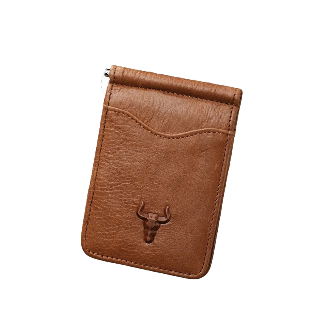 Mingclan brown leather minimalist card holder front view, showcasing external quick-access card slot.