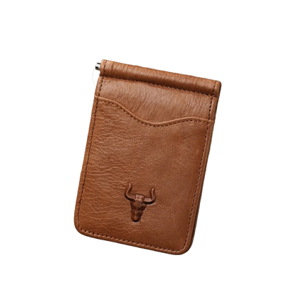 Mingclan brown leather minimalist card holder front view, showcasing external quick-access card slot.
