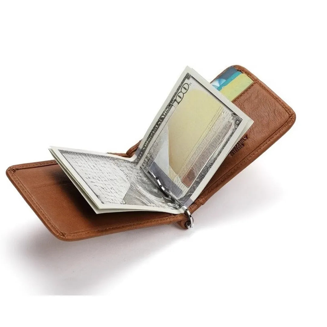 Interior view of Mingclan brown bifold wallet showing the strong metal cash clip securing paper bills.