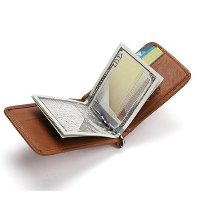 Interior view of Mingclan brown bifold wallet showing the strong metal cash clip securing paper bills.
