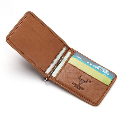 Inside Mingclan brown leather card holder displaying multiple credit card slots for smart organization.