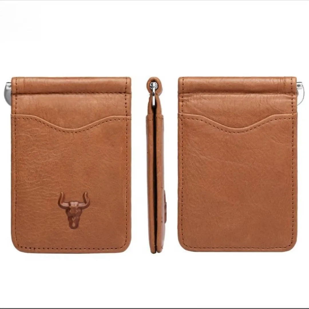 Multi-angle product showcase of Mingclan brown leather money clip wallet, illustrating its compact bifold features.