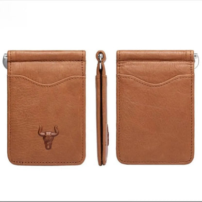 Multi-angle product showcase of Mingclan brown leather money clip wallet, illustrating its compact bifold features.