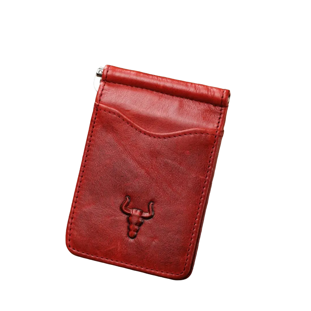 Mingclan elegant red premium leather cash clip wallet, ultra-thin front wallet design.