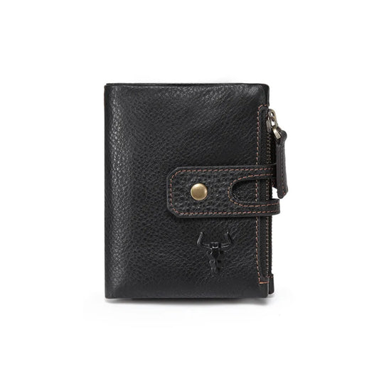 Mingclan mens leather wallet with double zippers, showing front view with 3D bull head logo embossed.